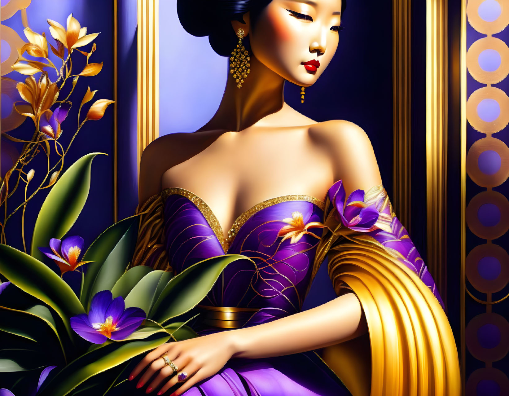 Illustration of elegant woman in purple dress with gold accents in lush greenery and vibrant flowers.