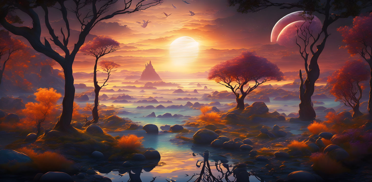 Tranquil sunset landscape: orange hues, silhouetted trees, crescent moon, mist