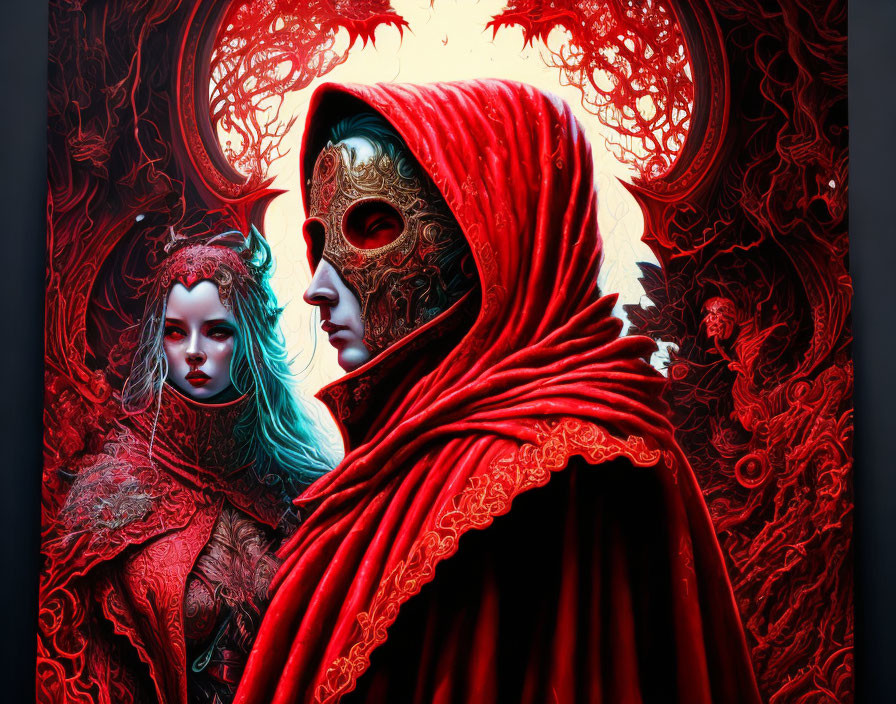 Intricately adorned characters in fantastical red and gold attire with detailed masks in elaborate setting.