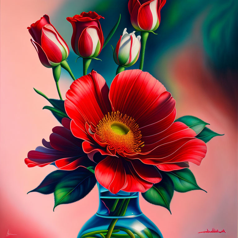 Colorful floral painting with red flower and yellow center on soft backdrop