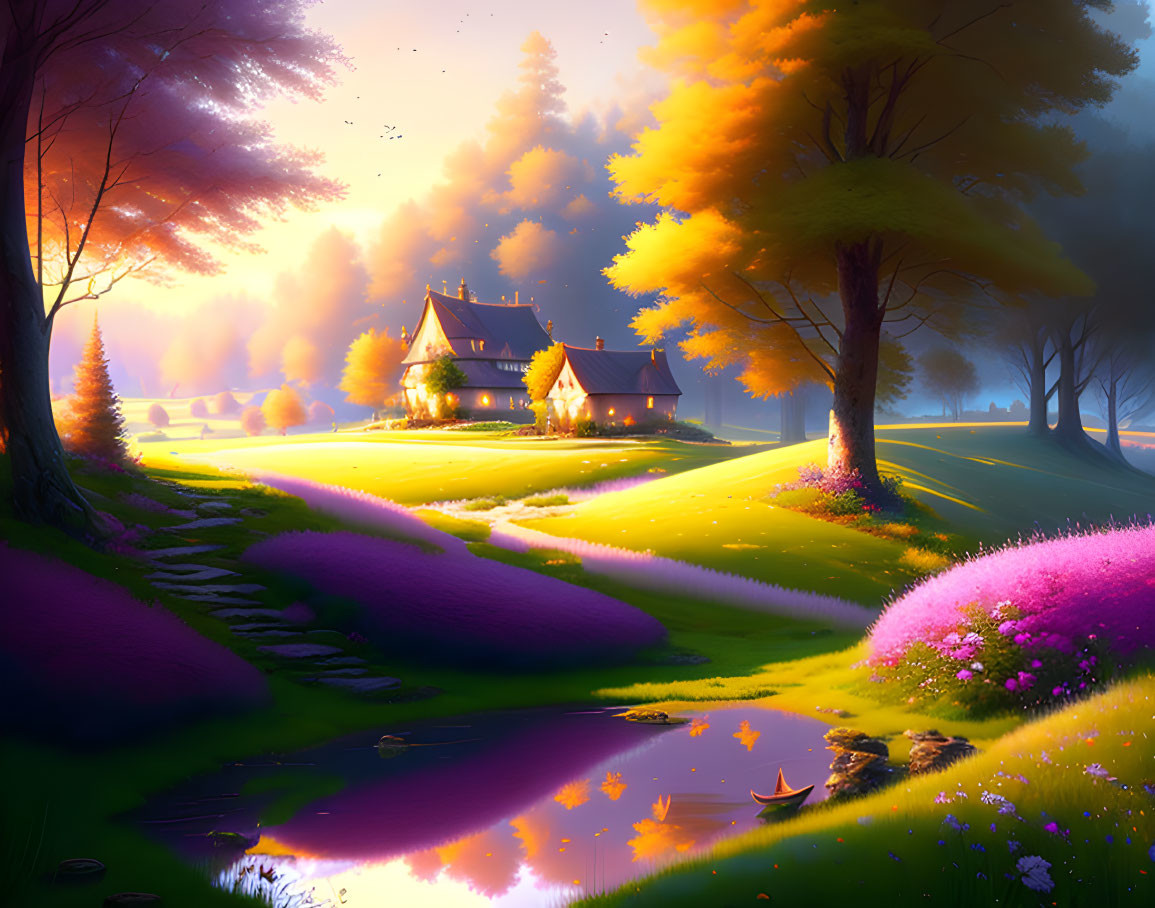 Tranquil sunset scene with cozy cottage, lush trees, river, and vibrant meadows