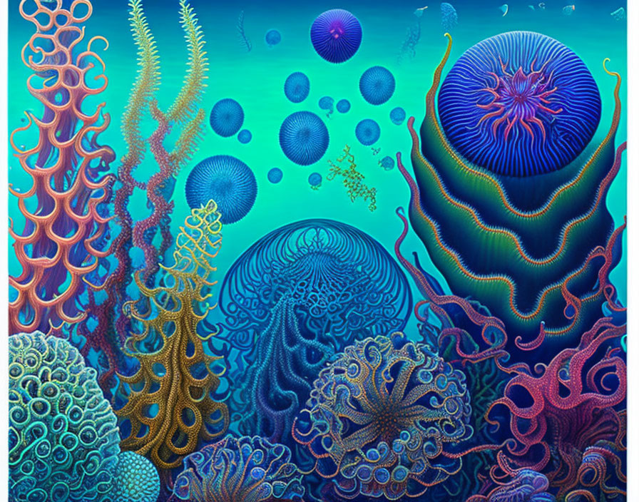 Vibrant Underwater Fantasy Scene with Coral and Jellyfish