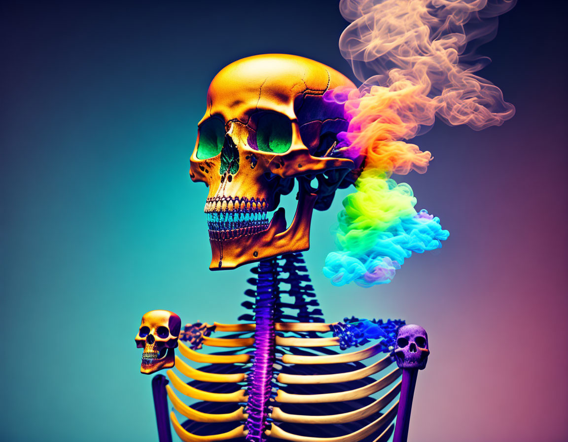 Colorful Skeleton with Gold Skull and Rainbow Smoke on Gradient Background