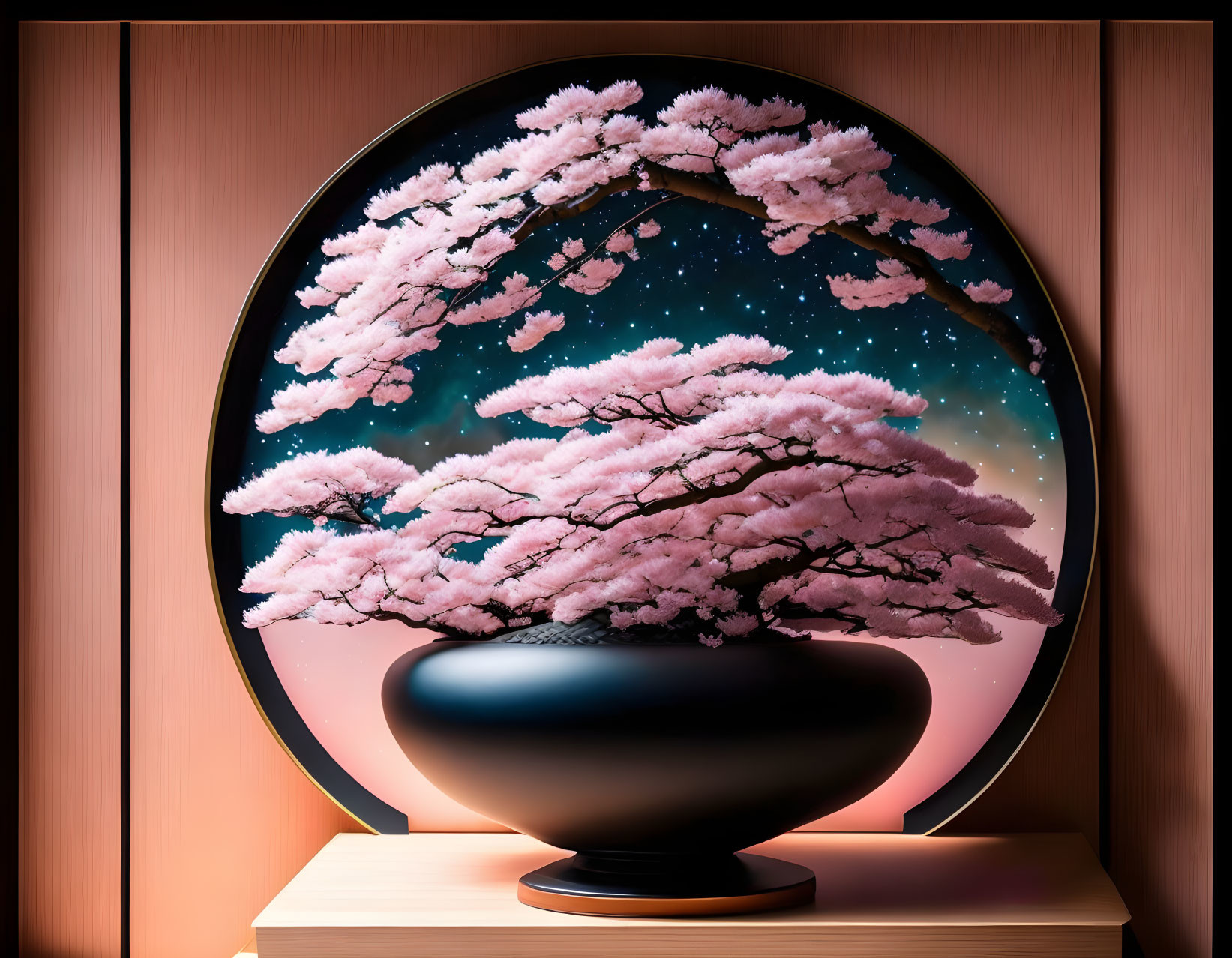 Cherry Blossom Branching Over Bowl on Starry Night Circular Backdrop