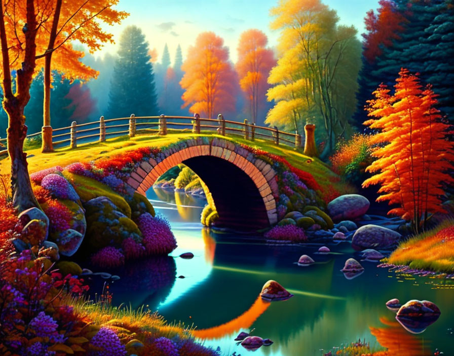 Colorful Stone Bridge Landscape Over Calm River