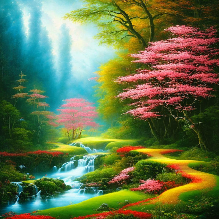 Colorful Forest Scene with Pink Trees, Waterfall, and Sunlit Path