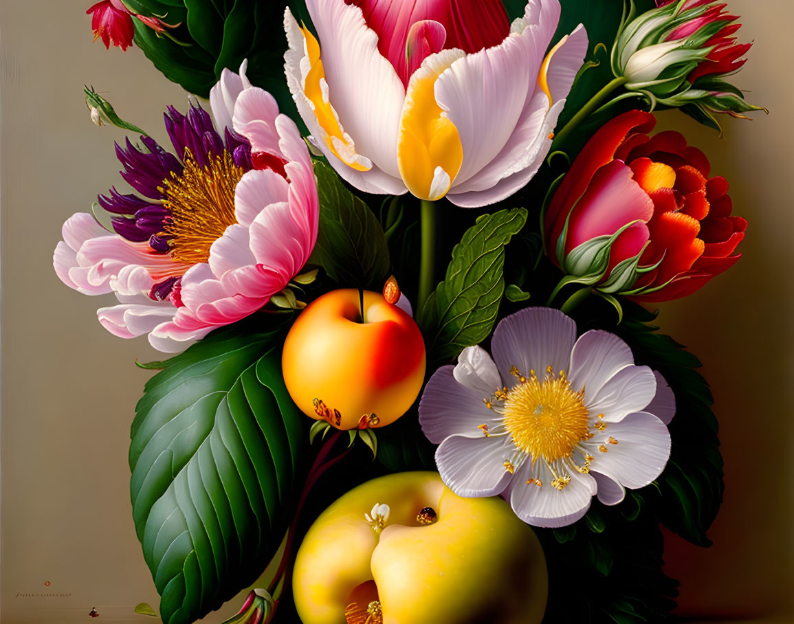 Colorful Floral Painting with Tulips, Peonies, Anemones, Apples, and