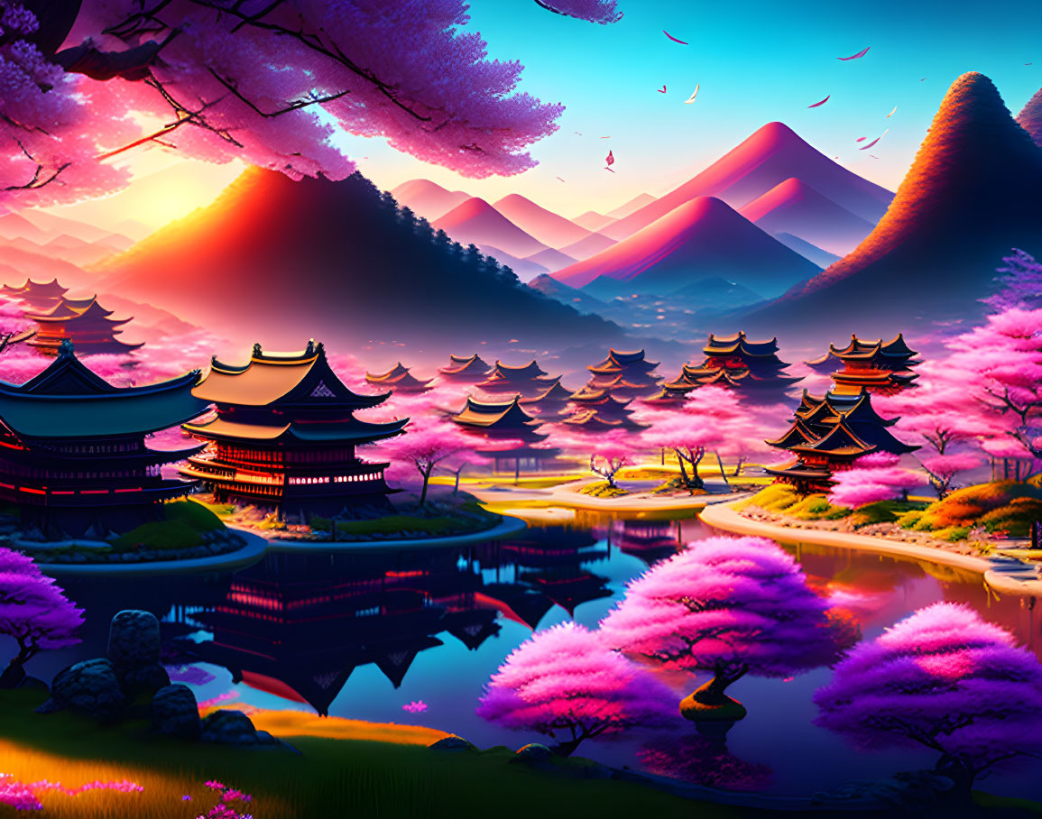 Fantastical landscape with cherry blossoms, pagodas, and purple mountains by serene water.