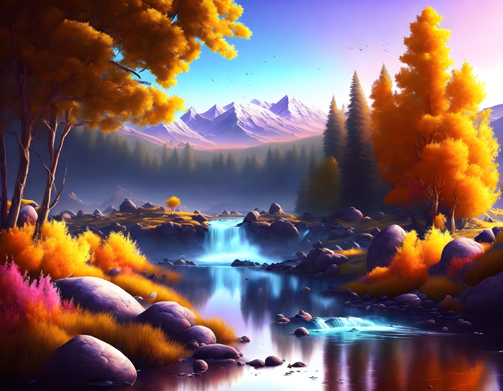 Fantasy autumn landscape with golden trees, waterfall, river, and mountains