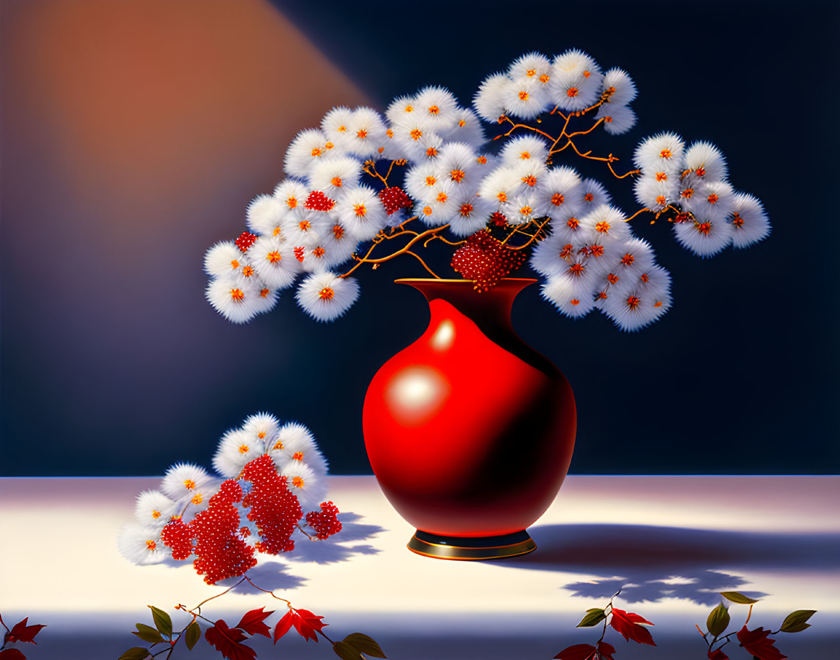 Surreal red vase with white flowers on a table with scattered leaves