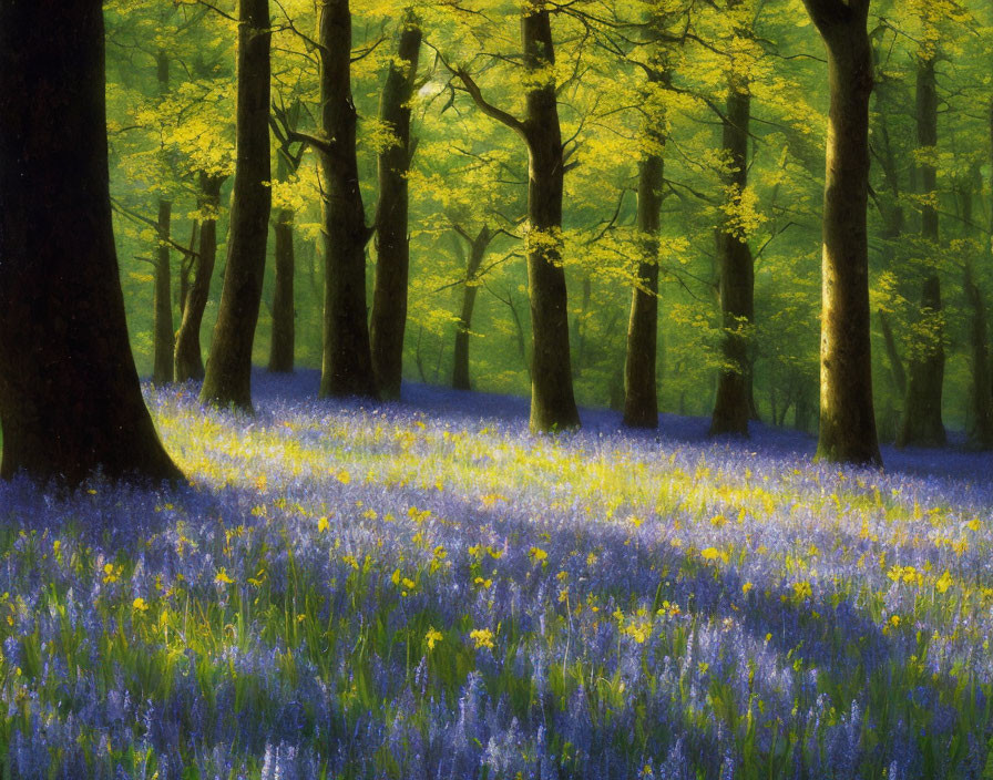 Tranquil Forest Scene with Tall Trees and Wildflowers