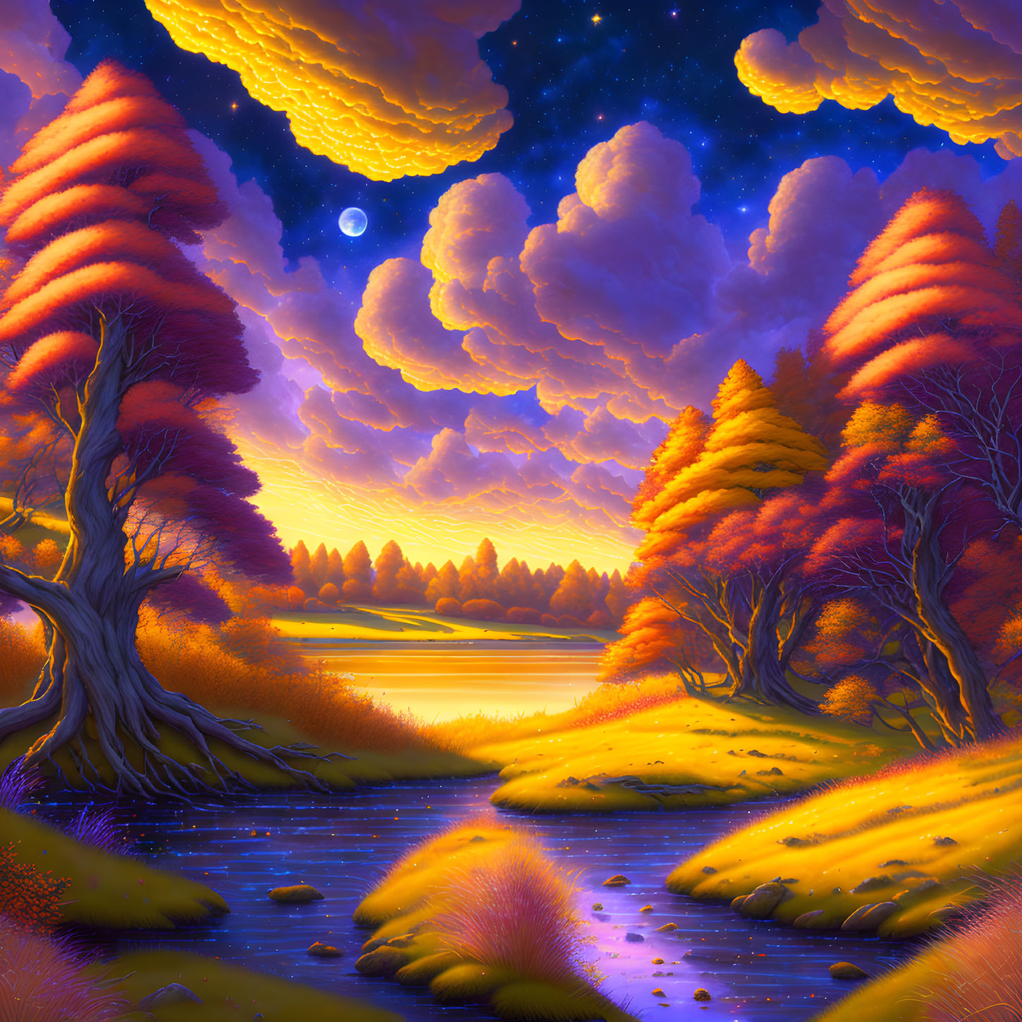 Fantasy landscape at dusk: vibrant colors, tranquil river, starry sky.