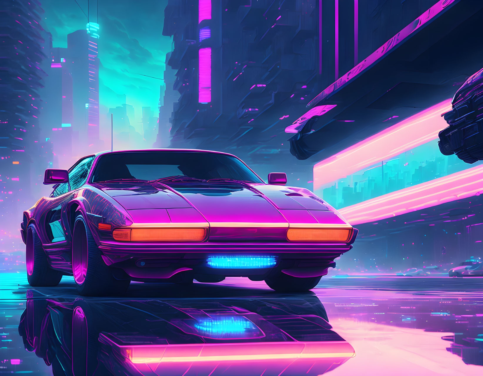 Vintage car with neon underglow in vibrant cyberpunk cityscape