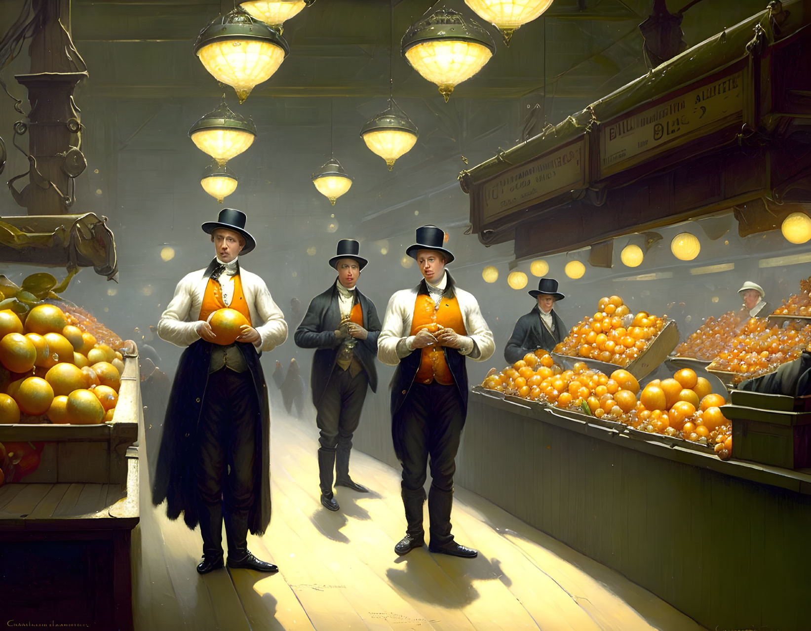 Victorian-era gentlemen in top hats at opulent fruit market with warm lighting