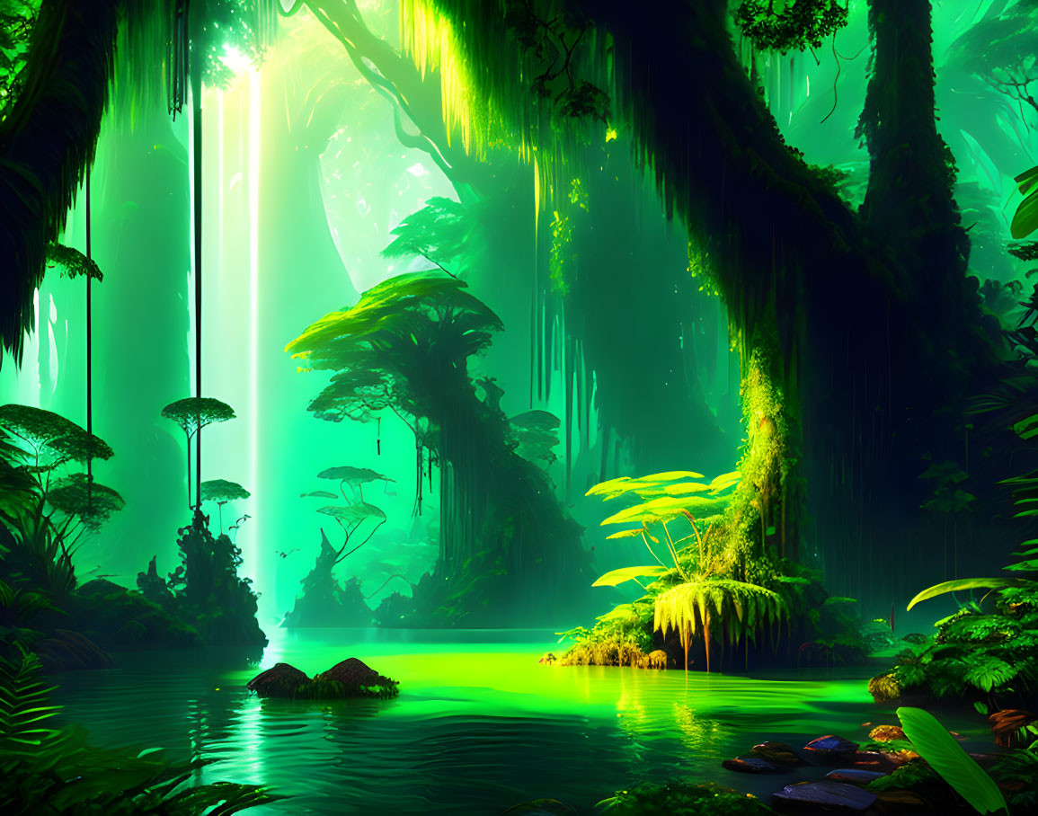 Majestic fantasy forest with towering trees and glowing green lake