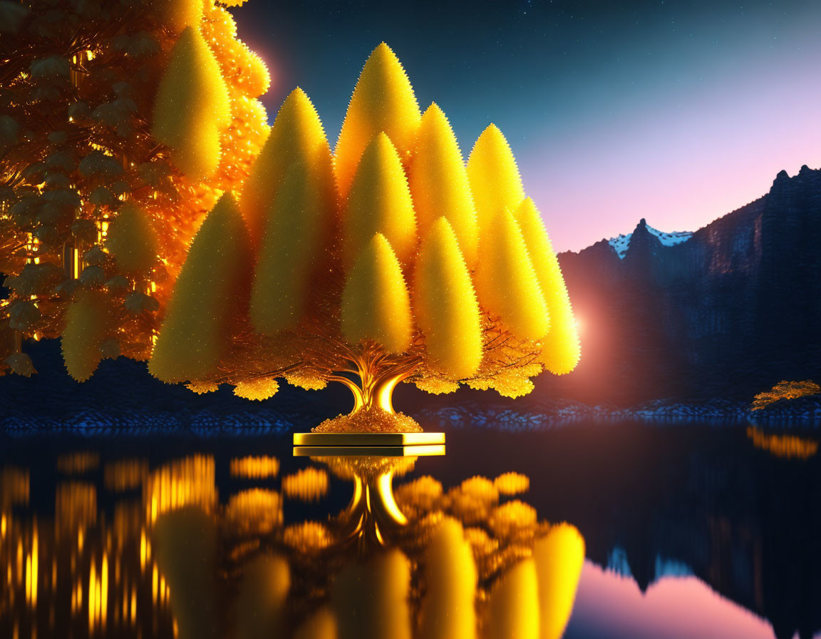 Golden autumn tree reflected in tranquil waters under starry night sky.