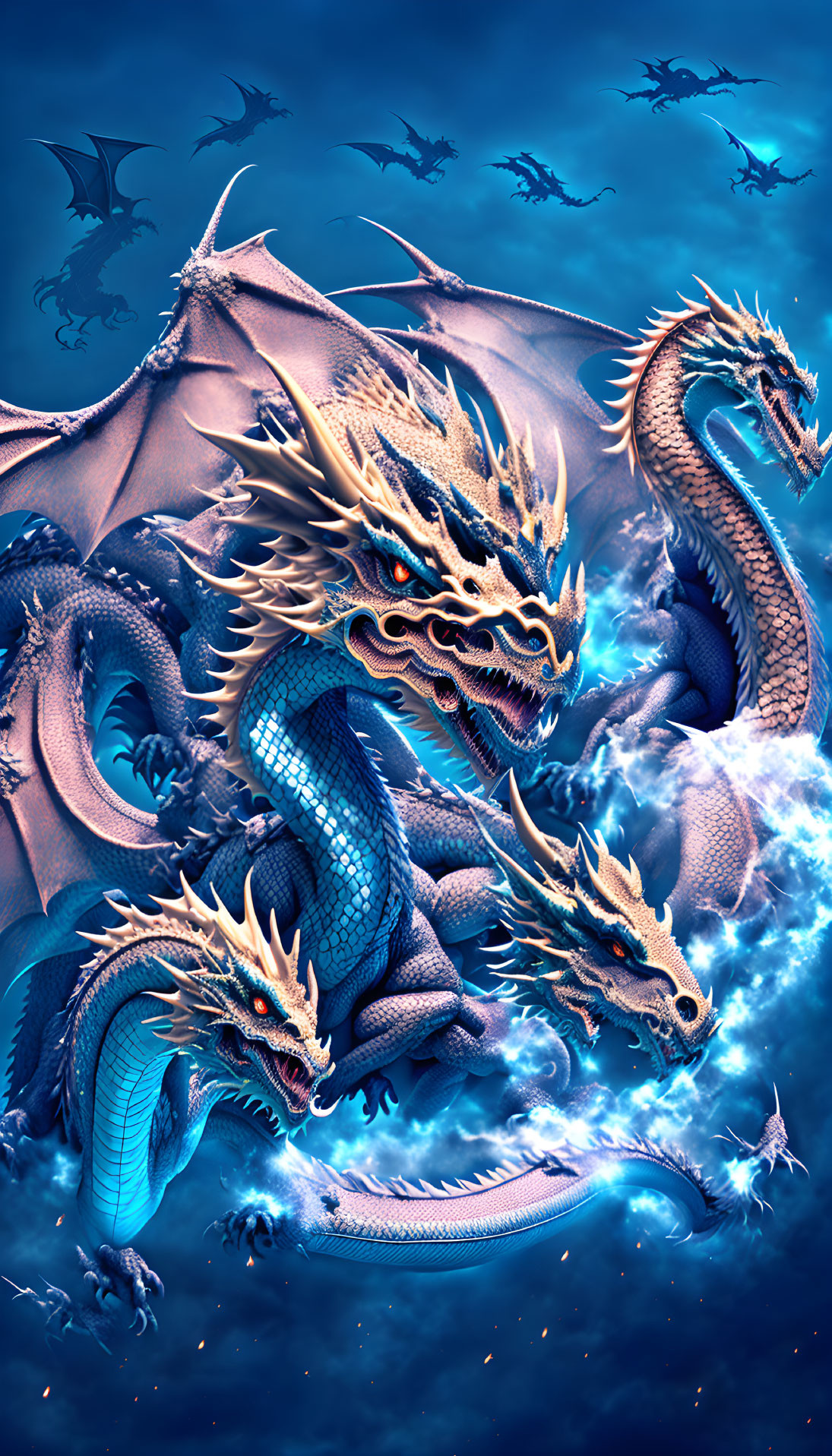 Four Majestic Blue Dragons Soaring Amongst Lightning and Clouds