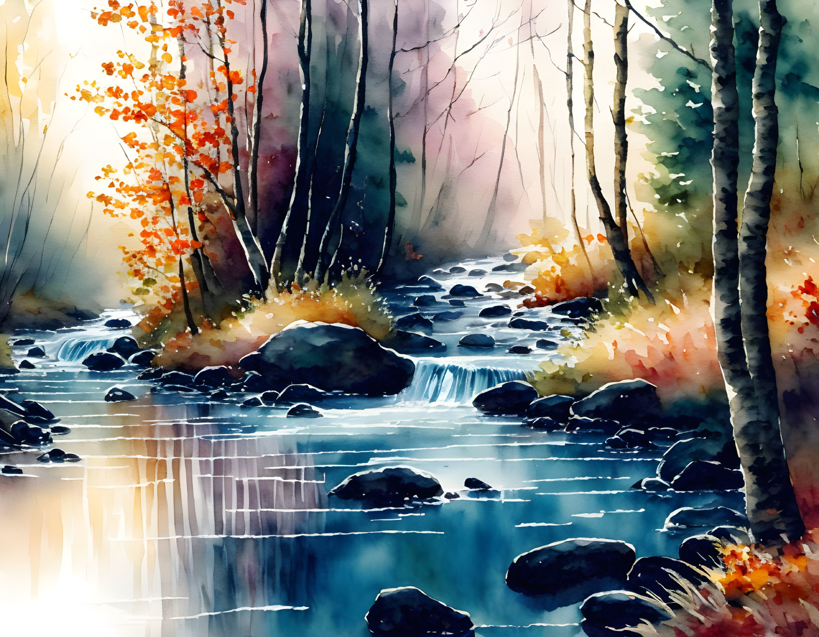 Autumnal forest creek watercolor painting with vibrant foliage