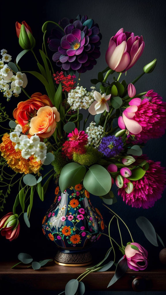 Colorful Floral Bouquet with Tulips, Roses, and Daisies in Decorative Vase