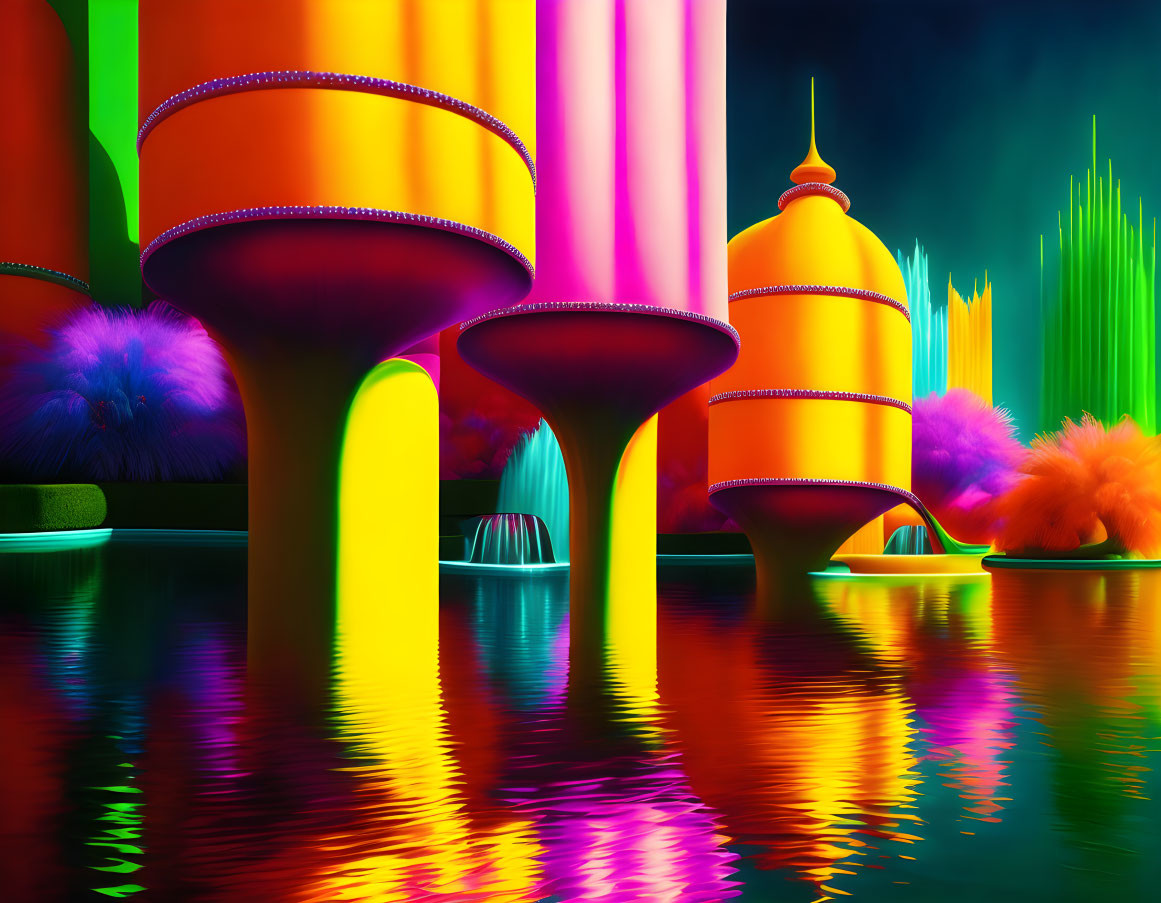 Colorful fantasy landscape with mushroom structures, reflective water, neon lights, and fluffy plants