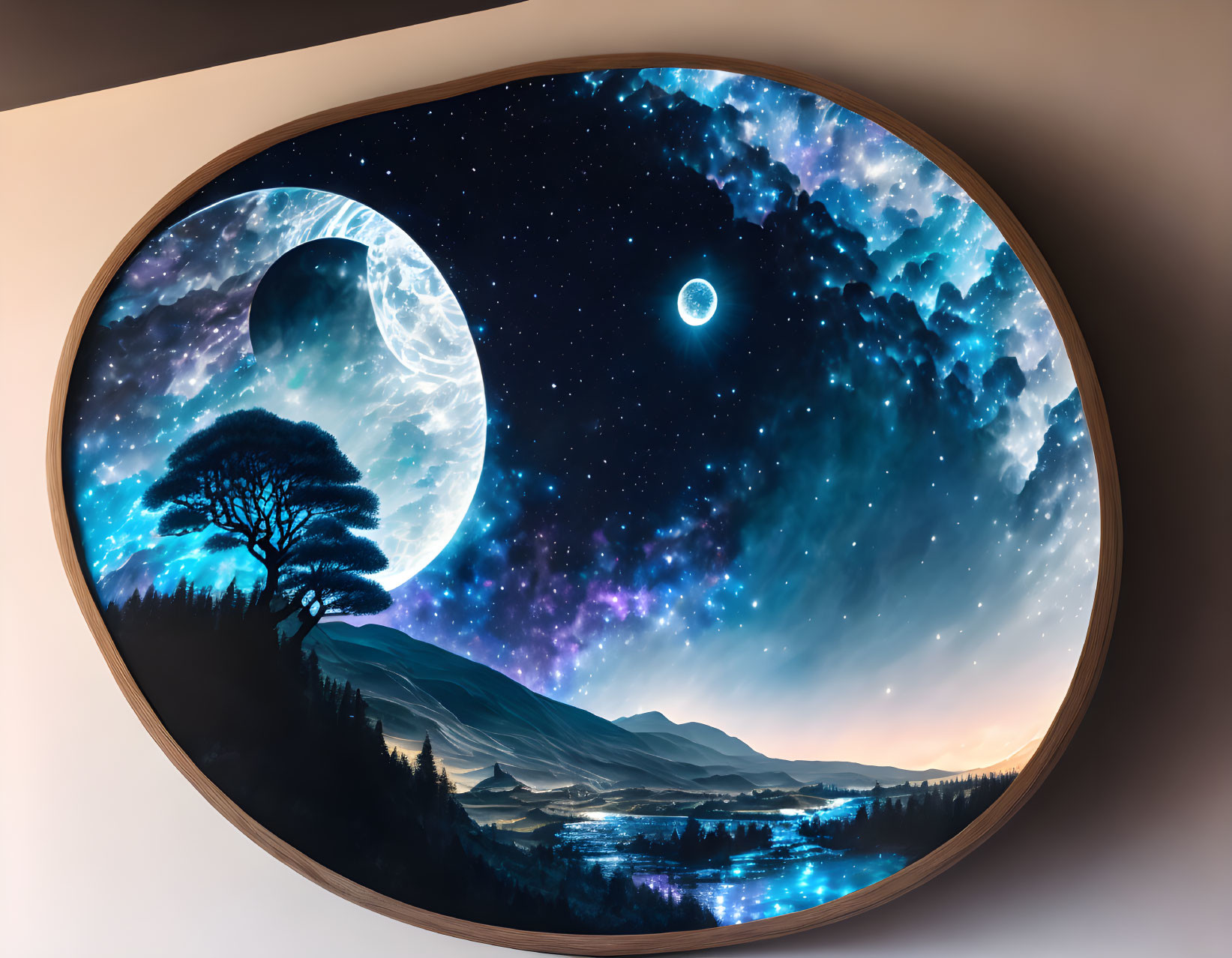 Surreal night sky scene with oval window framing moon, tree silhouette, stars, and tranquil landscape