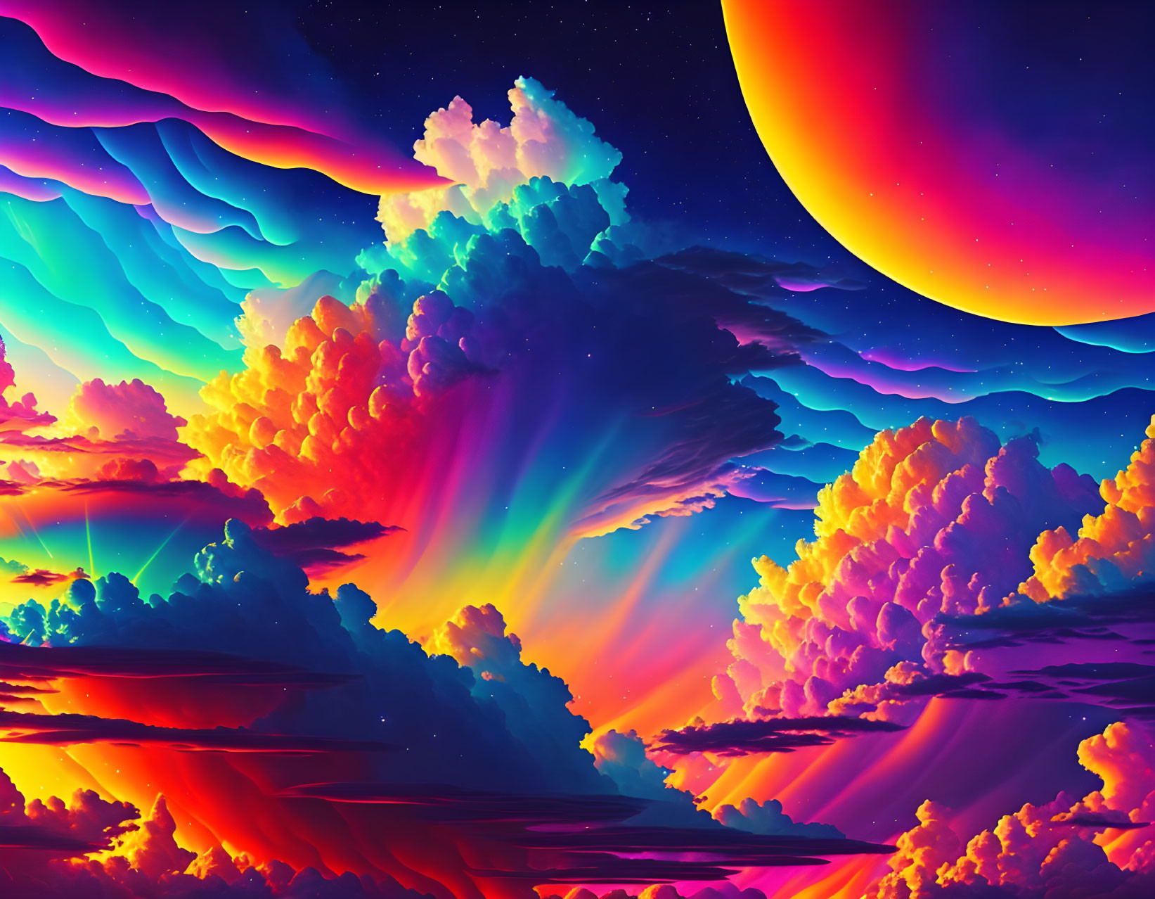 Colorful Psychedelic Sky Artwork with Planet and Water Reflections