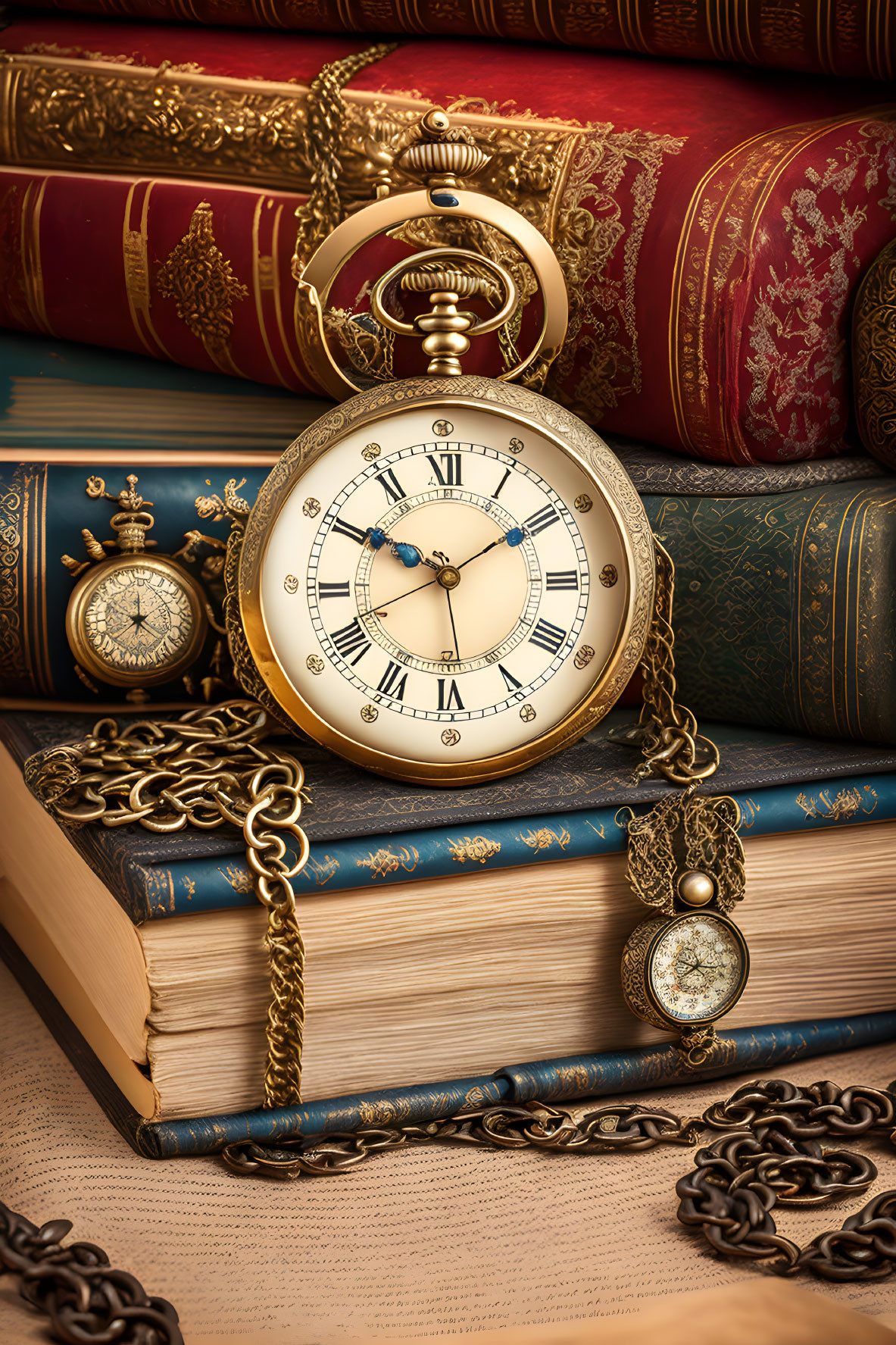 Antique Pocket Watch on Chain Over Old Hardcover Books