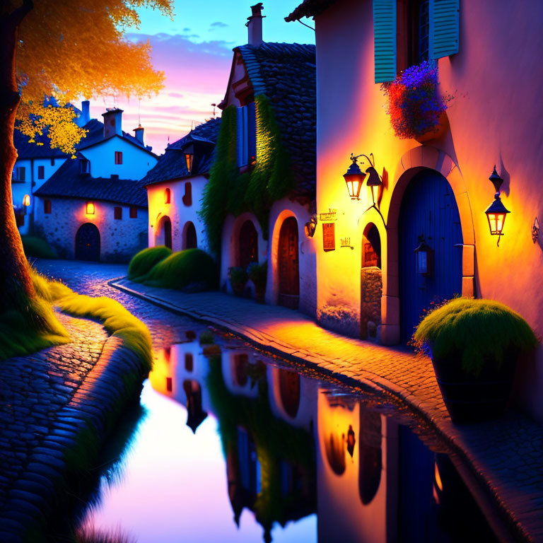 Cobblestone Street Reflects Lantern Glow in Village Twilight