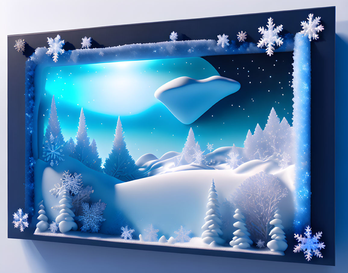 Snowy Night Landscape 3D Illustration with Pine Trees and UFO