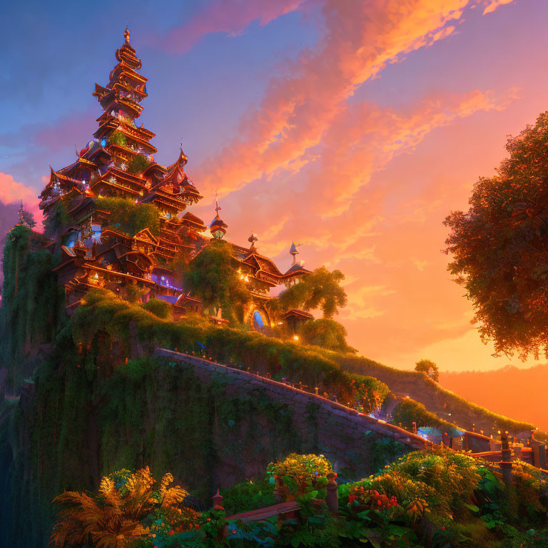 Pagoda on Cliff at Sunset with Illuminated Tiers