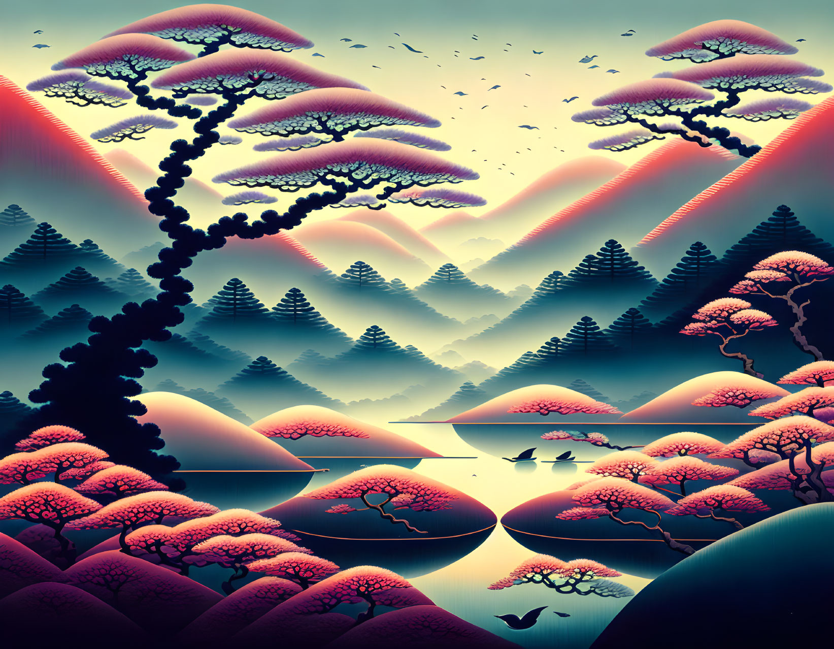 Pink-Hued Trees and Mountains with Birds Over Serene Water in Orange Sky