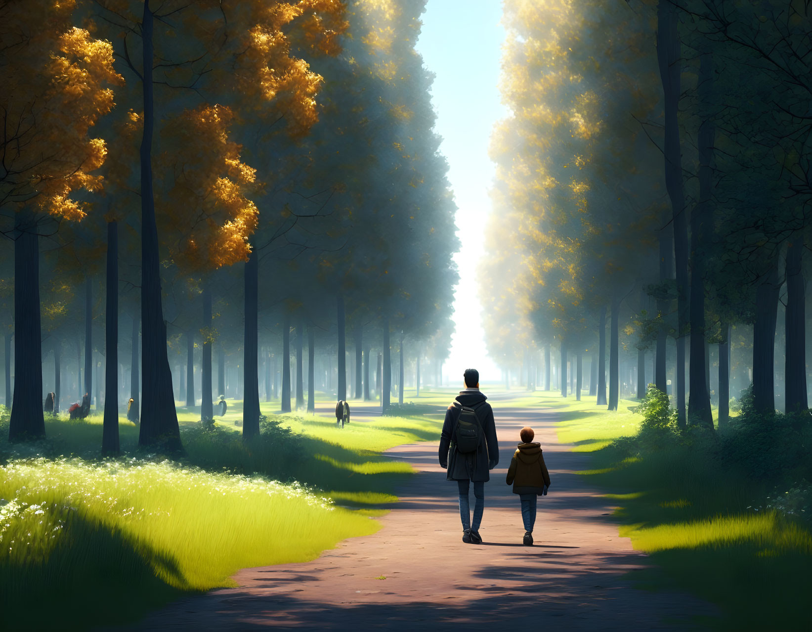 Tranquil scene of adult and child walking down tree-lined path