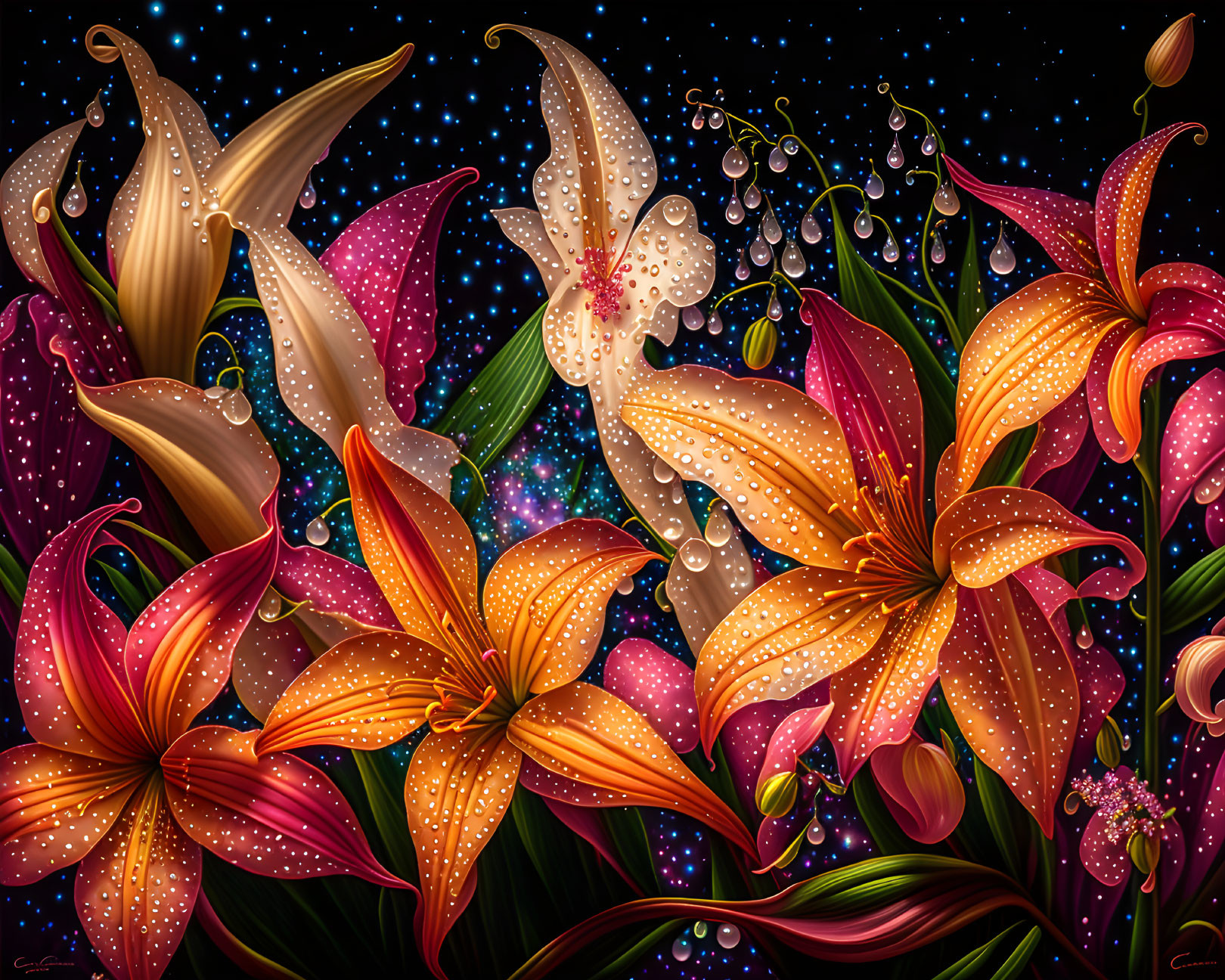 Colorful lilies illustration with starry backdrop in orange, pink, and white hues.