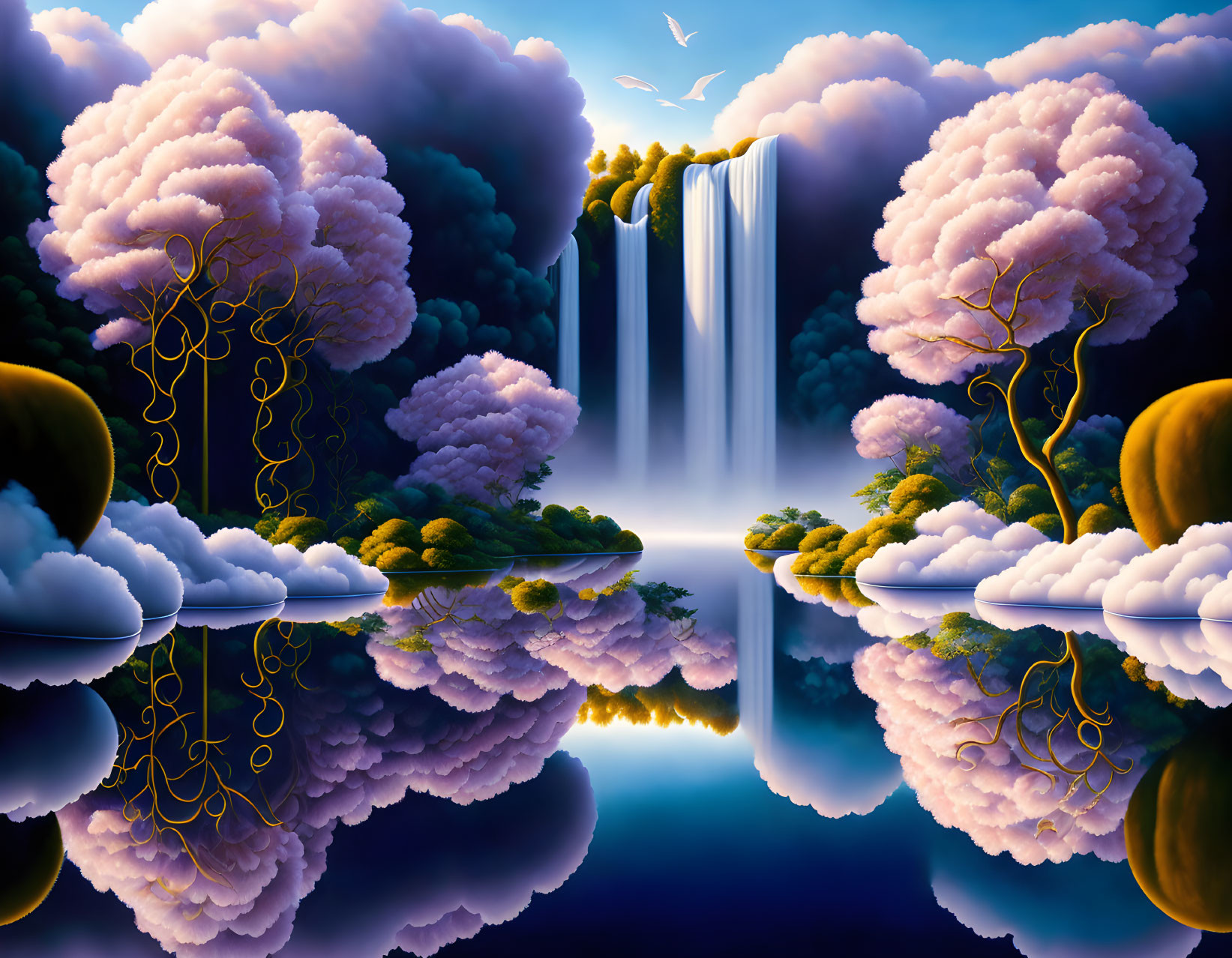 Fantastical landscape with pink trees, waterfall, lush islands, and blue water