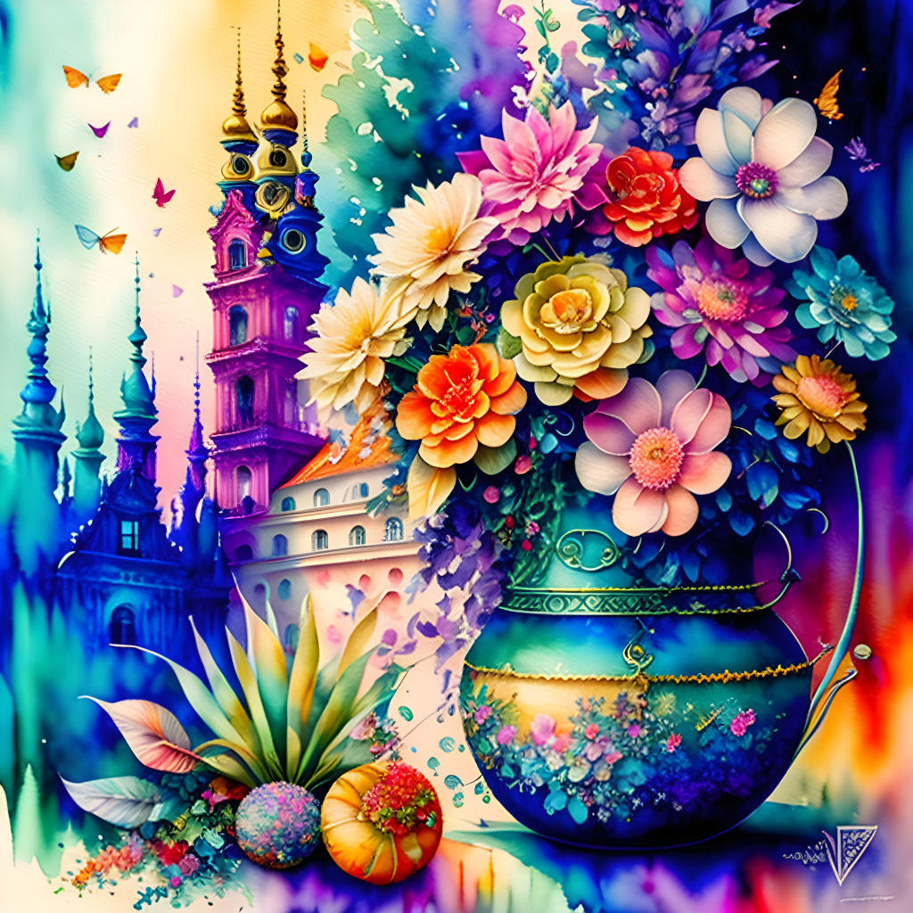 Colorful Artwork with Whimsical Pot, Flowers, Butterflies, and Fantasy Towers