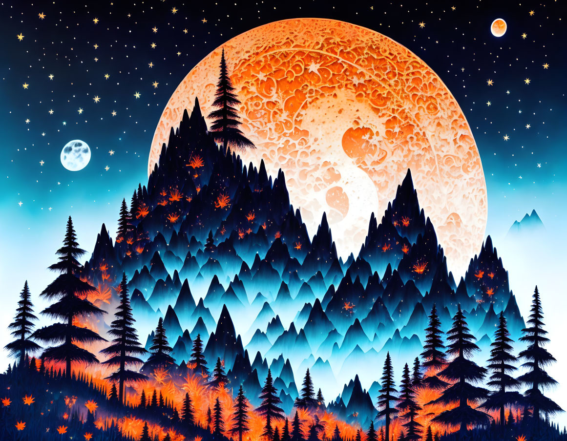 Nighttime forest silhouette with textured orange moon and stars