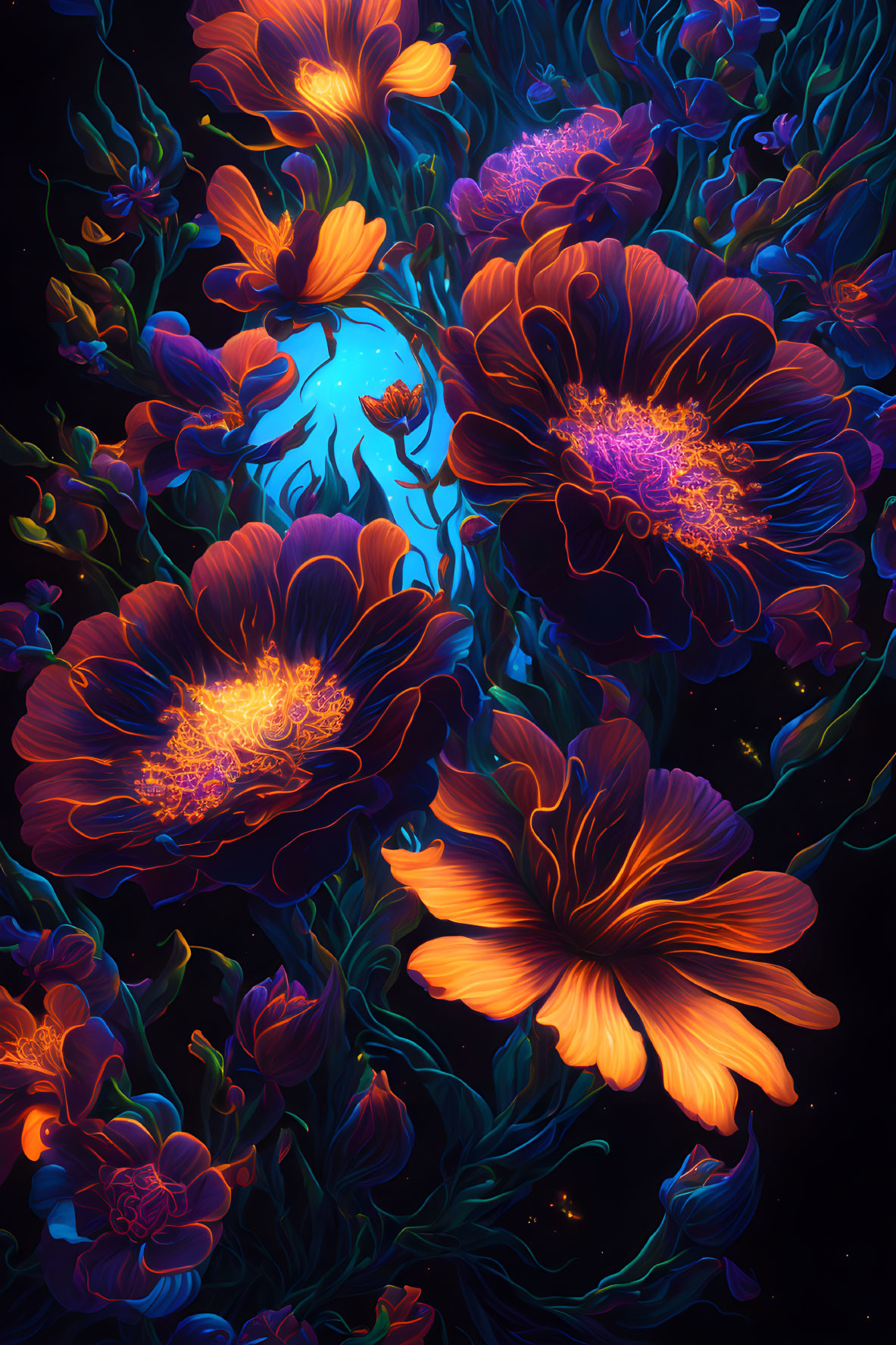 Neon-colored flowers on dark background with blue accents