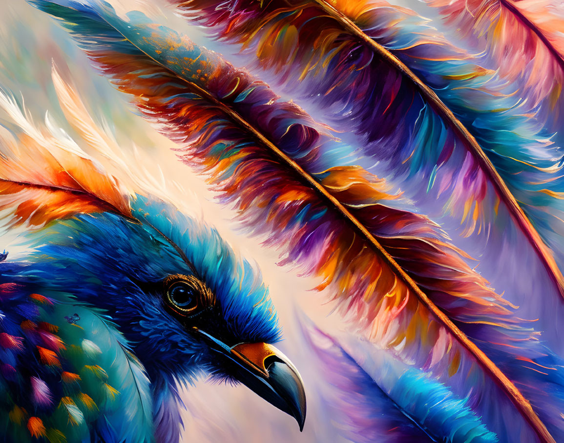 Colorful painting featuring blue bird and feathers with intricate details