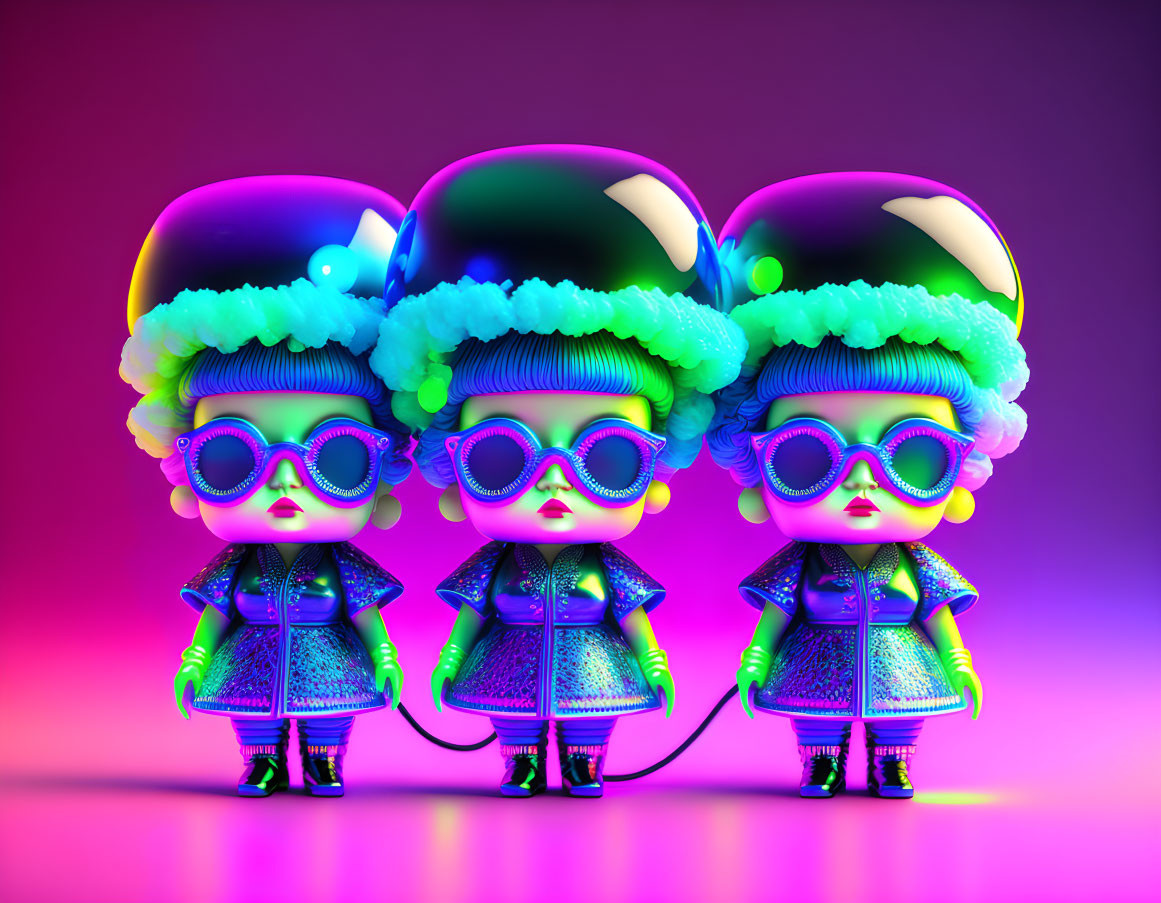 Three stylized animated characters with blue curly hair and purple sunglasses in futuristic outfits on pink and purple background