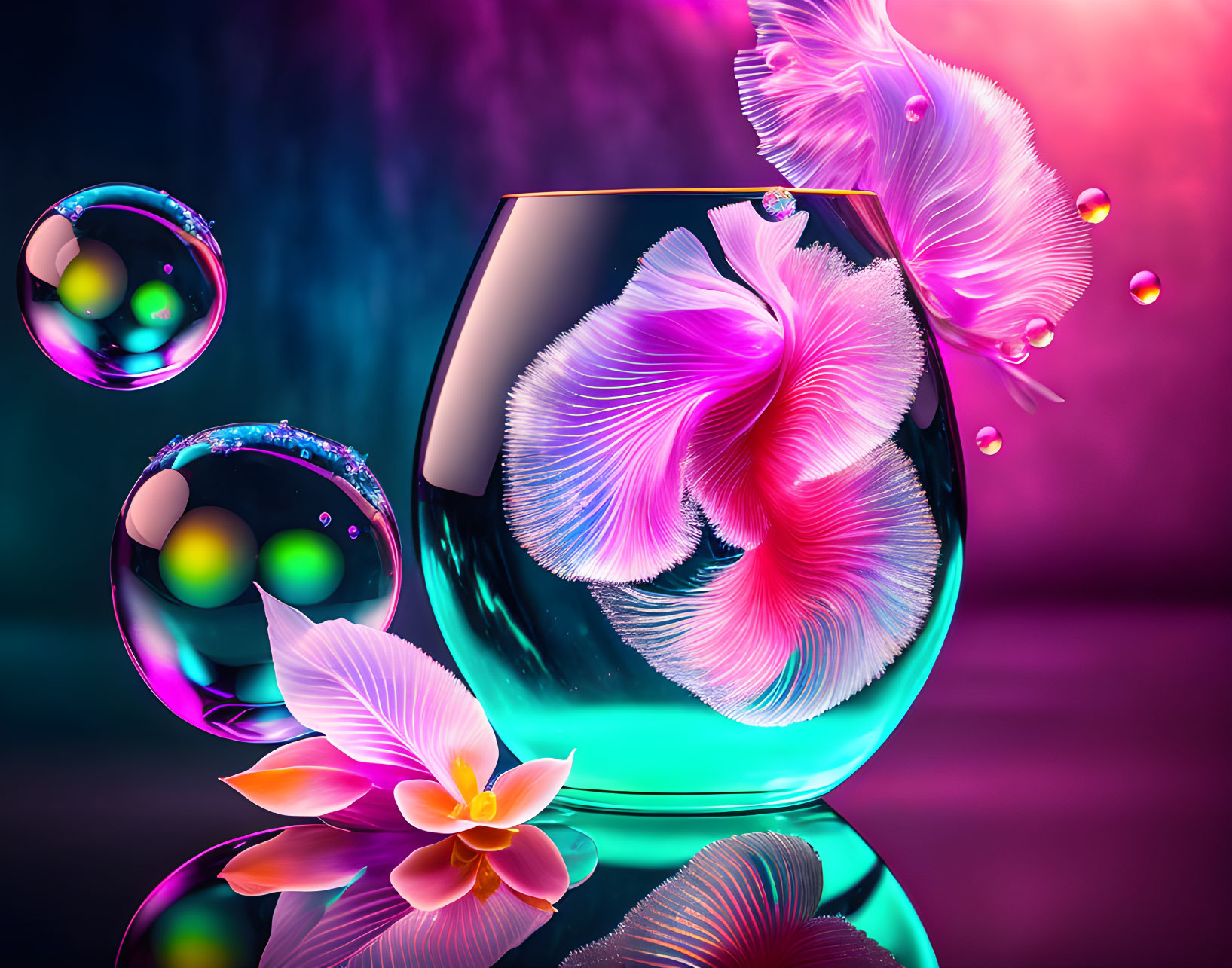 Colorful Digital Art: Transparent Fishbowl with Pink Fish, Bubbles, and Flower