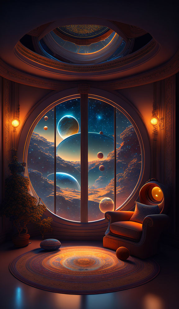 Cozy illuminated interior with elegant armchair and surreal outer space view