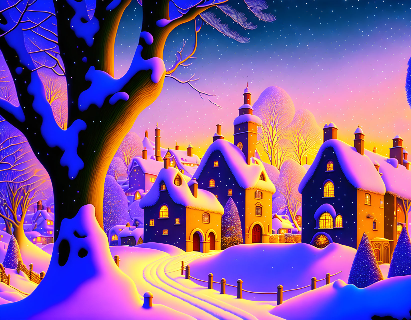 Snow-covered village at night: vibrant winter scene with starlit sky