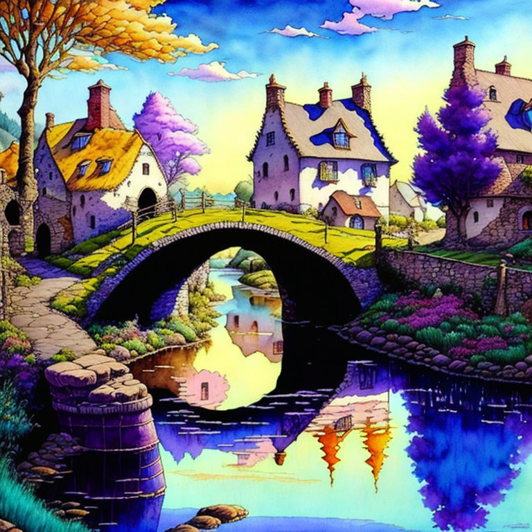 Colorful illustration: Quaint village, stone bridge, river, lush trees, purplish sky