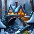 Snow-covered stone bridge with charming cottage and lit interior in serene wintry forest