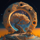 Surreal cosmic tree digital artwork in ornate circular frame