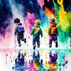 Colorful jackets: Three children jumping with reflections on vibrant background