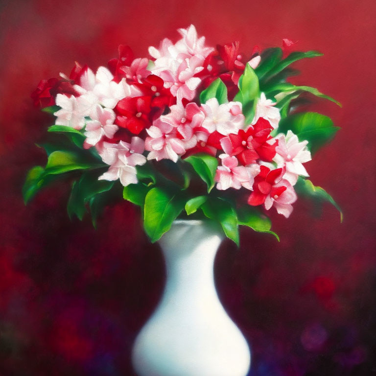 Colorful oil painting of red and white flowers in a vase on textured background