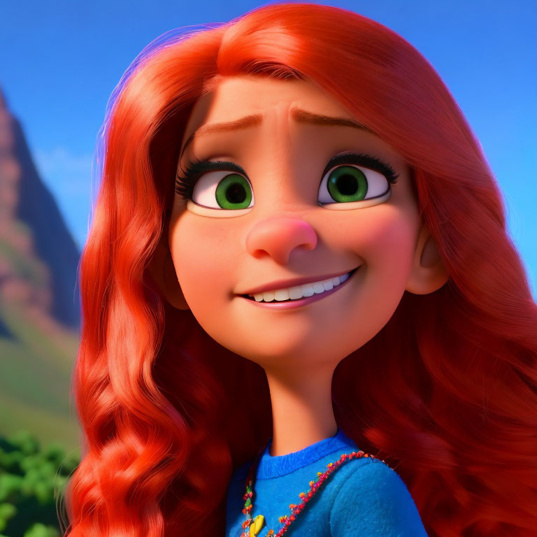 Bright Red-Haired Animated Character in Blue Outfit Smiling with Green Eyes