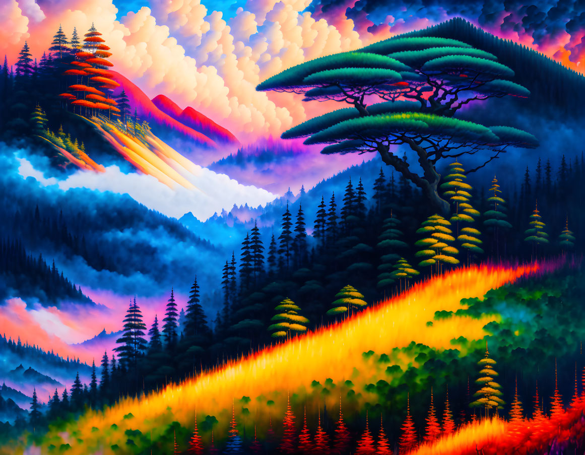 Colorful Trees and Undulating Hills in Vibrant Fantasy Landscape