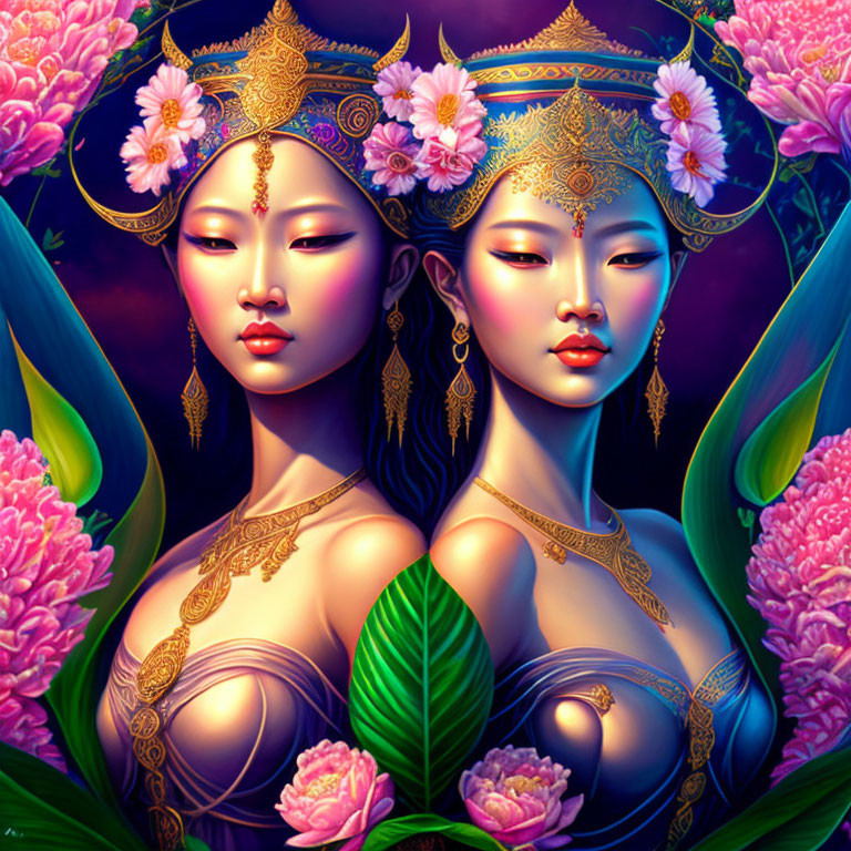 Stylized digital artwork featuring two Asian women in golden headdresses amid vibrant pink blooms